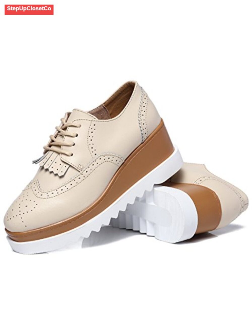 Leather Tassel Lace-Up Platform Wedge Oxford Shoes Women's Square-Toe Brogue